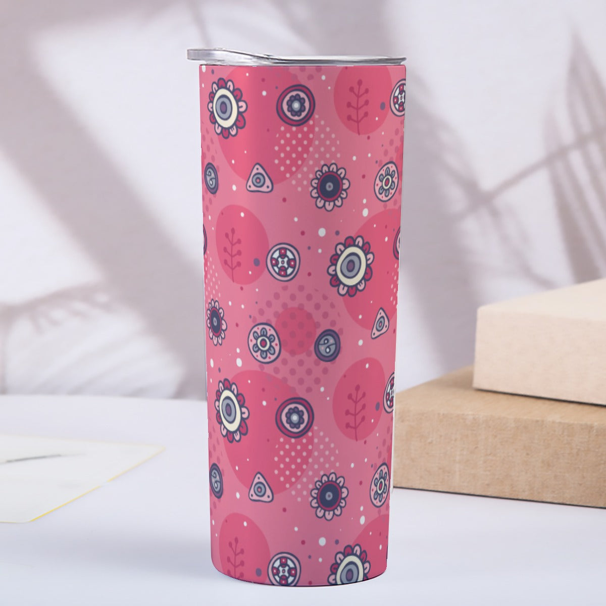 Pink Floral Folk Art Pattern - Custom 20OZ Straight Cup With Sliding Lid