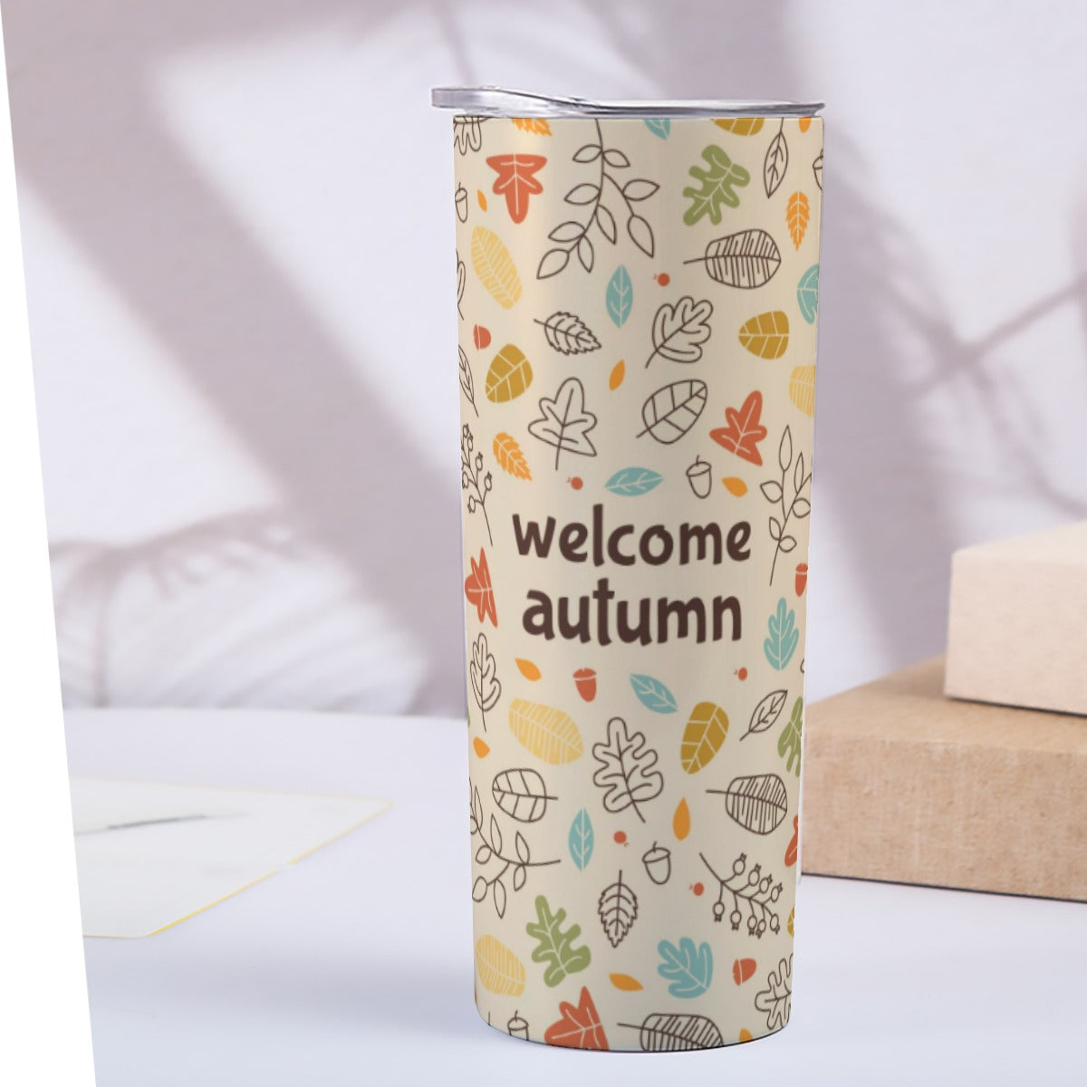 Welcome Autumn Leaves Pattern - Custom 20OZ Straight Cup With Sliding Lid