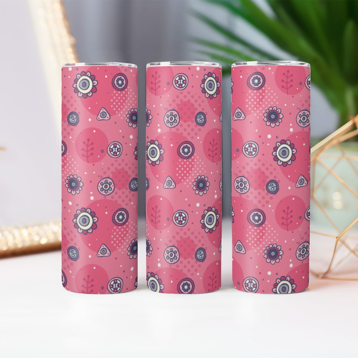 Pink Floral Folk Art Pattern - Custom 20OZ Straight Cup With Sliding Lid