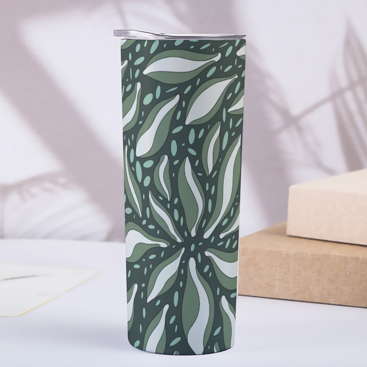 Green Tropical Leaf Pattern - Custom 20OZ Straight Cup With Sliding Lid