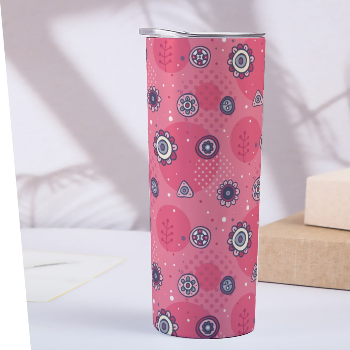 Pink Floral Folk Art Pattern - Custom 20OZ Straight Cup With Sliding Lid